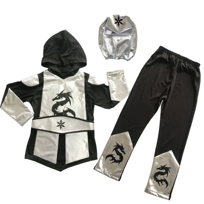 Ninja Costume Kids Gold Sliver Dragon Ninja Costume Hooded Shirt Pants Belt with Mask Carnival Costume 2