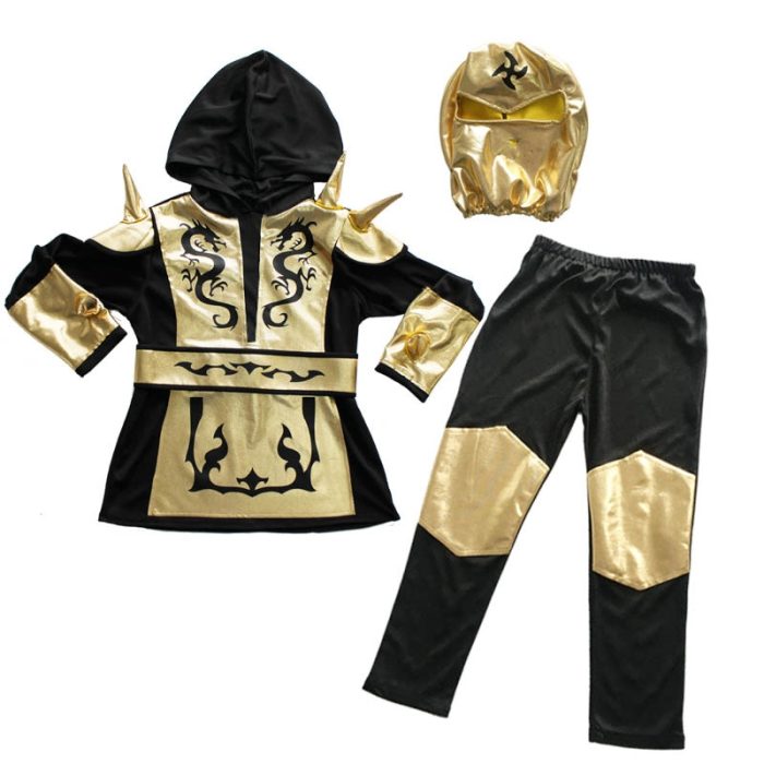 Ninja Costume Kids Gold Sliver Dragon Ninja Costume Hooded Shirt Pants Belt with Mask Carnival Costume 3