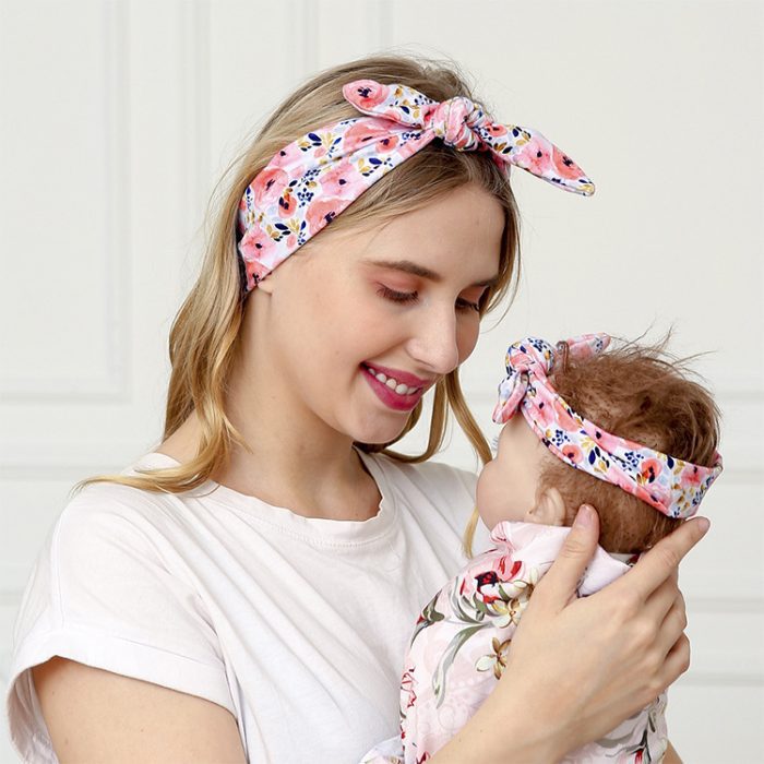Mother baby printing headband set 2pcs diy parent-child leopard bow headwear newborn little girl hair accessories