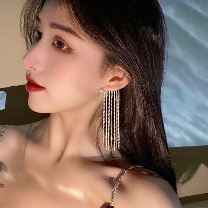 Korean long tassel crystal chain ear cuff clip earrings for women fashion shining rhinestone earring non